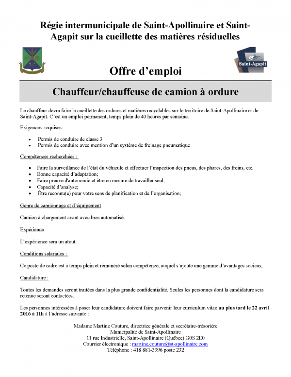 Offre d'emploi Chauffeur/chauffeuse de camion à ordure pour la régie
