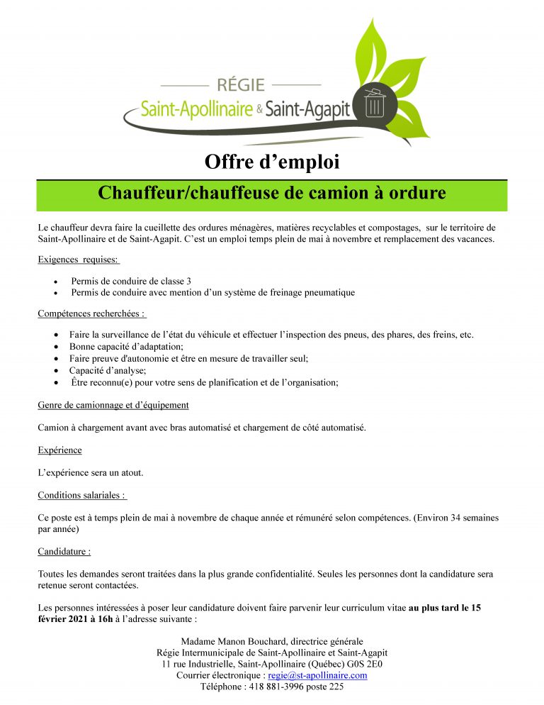 OFFRE D'EMPLOI Chauffeur/chauffeuse de camion à ordure Saint
